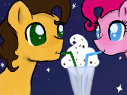 Size: 2000x1500 | Tagged: safe, artist:elizaisepic, cheese sandwich, pinkie pie, earth pony, pony, cheesepie, female, looking at each other, male, milkshake, shipping, straight, straw