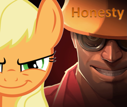 Size: 955x801 | Tagged: safe, artist:biggreenpepper, artist:hooon, edit, applejack, earth pony, pony, engineer, evil grin, face comparison, honesty, team fortress 2