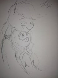 Size: 772x1035 | Tagged: artist needed, safe, big macintosh, fluttershy, earth pony, pegasus, pony, cuddling, fluttermac, male, monochrome, shipping, snuggling, stallion, straight, traditional art