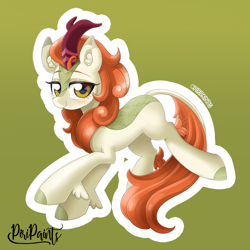 Size: 900x900 | Tagged: safe, artist:piripaints, autumn blaze, kirin, sounds of silence, awwtumn blaze, blushing, cloven hooves, cute, female, green background, horn, jumping, leg fluff, looking at you, signature, simple background, smiling, solo