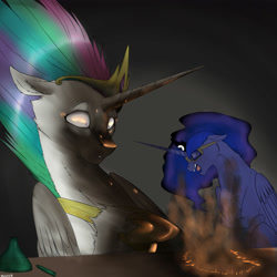 Size: 3500x3500 | Tagged: safe, artist:backlash91, princess celestia, princess luna, alicorn, pony, explosion, eyes closed, goggles, laughing, prank, soot, wide eyes