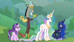 Size: 1366x768 | Tagged: safe, screencap, discord, princess celestia, princess luna, starlight glimmer, alicorn, pony, the ending of the end, chocolate, chocolate rain, crown, crown safe, food, jewelry, looking back, peytral, rain, regalia, stare, surrender