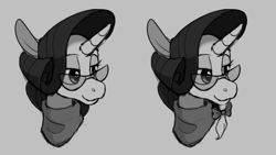 Size: 1283x722 | Tagged: safe, artist:enma-darei, rarity, classical unicorn, pony, unicorn, beard, bow, bust, facial hair, female, glasses, gray background, grayscale, hair bow, lidded eyes, mare, monochrome, portrait, rarity month, simple background, solo