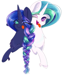 Size: 880x1065 | Tagged: safe, artist:banoodle, princess celestia, princess luna, alicorn, pony, chest fluff, intertwined manes, silly, silly pony, simple background, sisters, tongue out, transparent background, unshorn fetlocks, wink