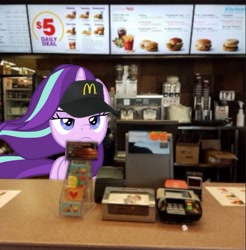 Size: 607x617 | Tagged: safe, starlight glimmer, pony, unicorn, mcdonald's, solo, starlight glimmer in places she shouldn't be