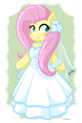 Size: 1174x1748 | Tagged: safe, artist:mea0113, fluttershy, pegasus, pony, bipedal, clothes, dress, solo, wedding dress