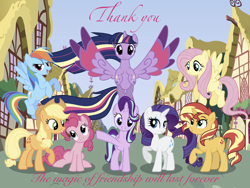 Size: 8000x6000 | Tagged: safe, artist:twilight trickle, derpibooru exclusive, applejack, fluttershy, pinkie pie, rainbow dash, rarity, starlight glimmer, sunset shimmer, twilight sparkle, twilight sparkle (alicorn), alicorn, earth pony, pegasus, pony, unicorn, happy birthday mlp:fim, mane eight, mane six, mlp fim's ninth anniversary, rainbow power, rainbow power twilight sparkle, rainbow power-ified, thank you