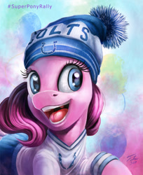 Size: 900x1105 | Tagged: safe, artist:tsitra360, pinkie pie, earth pony, pony, american football, beanie, cute, diapinkes, hat, indianapolis colts, nfl, open mouth, solo, super bowl, super bowl xlix