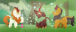 Size: 3680x1577 | Tagged: safe, artist:vanillaswirl6, autumn blaze, cinder glow, pumpkin smoke, summer flare, kirin, :o, blowing bubbles, blush sticker, blushing, bubble, bubble solution, cute, female, forest, grass, happy, kirin village, kirinbetes, male, open mouth