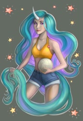 Size: 556x807 | Tagged: safe, artist:sapphirusnocte, princess celestia, human, bikini, clothes, daisy dukes, horned humanization, humanized, midriff, shorts, solo, swimsuit, tailed humanization, tanktop, volleyball