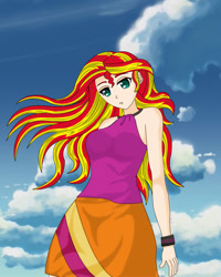 Size: 792x992 | Tagged: safe, artist:anonix123, sunset shimmer, equestria girls, clothes, female, human coloration, skirt, solo, wind, windswept hair