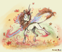Size: 2643x2215 | Tagged: safe, artist:annitart, autumn blaze, kirin, nirik, digital painting, fire, frown, leaves, signature, solo, this will end in death, this will end in pain, this will end in pain and/or death, transformation