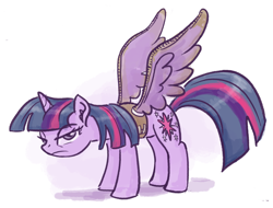 Size: 1178x895 | Tagged: safe, artist:king-kakapo, derpibooru import, twilight sparkle, twilight sparkle (alicorn), alicorn, pony, cardboard cutout, cardboard wings, fake wings, female, frown, glare, looking at you, mare, scowl, solo, spread wings, standing, unamused, unimpressed, wings