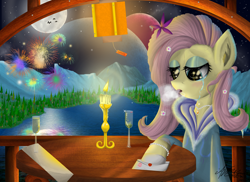 Size: 3510x2550 | Tagged: safe, artist:zsparkonequus, fluttershy, pegasus, pony, candle, crying, freezing, letter, night, sad, solo