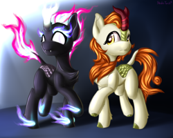 Size: 2500x2000 | Tagged: safe, artist:shido-tara, autumn blaze, kirin, nirik, sounds of silence, blank eyes, cloven hooves, duality, glowing eyes, high res, mane of fire, raised hoof