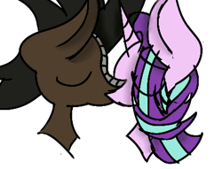 Size: 400x306 | Tagged: safe, artist:treble clefé, starlight glimmer, oc, oc:draco k-night blaze, dracony, dragon, hybrid, pony, unicorn, bust, canon x oc, duo, eye clipping through hair, eyes closed, female, hidden wings, interspecies, kissing, mare, requested art, starlaco