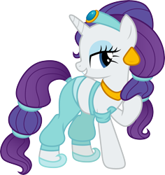 Size: 2341x2485 | Tagged: safe, artist:cloudyglow, rarity, pony, unicorn, aladdin, belly button, belly dancer, clothes, clothes swap, cosplay, costume, disney, female, implied sparity, jasmine, mare, midriff, raised hoof, simple background, solo, transparent background, vector