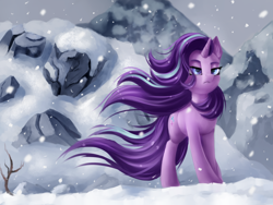 Size: 4000x3000 | Tagged: safe, artist:lightly-san, starlight glimmer, pony, unicorn, the ending of the end, badass, cool guys don't look at explosions, ear fluff, female, lidded eyes, mare, scene interpretation, snow, solo