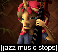 Size: 2880x2560 | Tagged: safe, alternate version, artist:imafutureguitarhero, derpibooru exclusive, sunset shimmer, anthro, unicorn, equestria girls, 3d, clothes, colored eyebrows, double bass, female, freckles, jacket, jay leonhart, jazz music stops, mare, meme, musical instrument, open mouth, plant, shirt, solo, source filmmaker, squint, text, wall