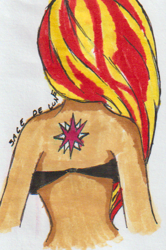 Size: 271x409 | Tagged: safe, artist:thelunarbutterfly, sunset shimmer, equestria girls, back, bra, clothes, cutie mark, cutie mark on equestria girl, female, human coloration, implied lesbian, implied shipping, implied sunsetsparkle, simple background, solo, tattoo, traditional art, underwear