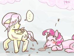 Size: 600x450 | Tagged: safe, artist:prk, bubble berry, butterscotch, fluttershy, pinkie pie, earth pony, pegasus, pony, ..., :p, blushing, chocolate milk, eyes closed, floppy ears, hidden eyes, licking, looking back, pixiv, prone, raised hoof, raised leg, rule 63, smiling, sweatdrop, tongue out