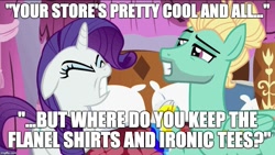 Size: 887x500 | Tagged: safe, edit, edited screencap, screencap, rarity, zephyr breeze, pony, unicorn, flutter brutter, caption, hipster, image macro, man bun, meme, misspelling, this will end in tears and/or death