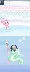 Size: 500x1200 | Tagged: safe, artist:alipes, pinkie pie, earth pony, pony, sea pony, ask, ask pinkie pierate, bath, comic, hat, pirate, spear, tumblr, underwater, weapon