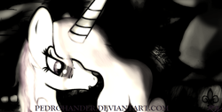 Size: 995x506 | Tagged: safe, artist:pedrohander, derpibooru import, fleur-de-lis, biting, black and white, digital art, grayscale, solo