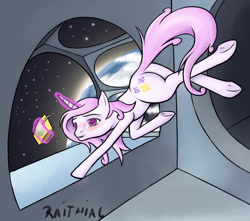 Size: 1500x1323 | Tagged: safe, artist:raithial, derpibooru import, fleur-de-lis, apple juice, blushing, earth, magic, plot, solo, space, stars, underhoof, weightlessness, zero gravity