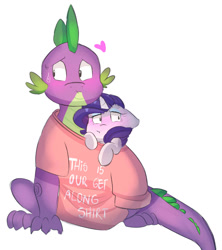 Size: 1024x1152 | Tagged: safe, artist:craftedfun3, rarity, spike, dragon, pony, unicorn, clothes, female, male, older, older spike, shipping, shirt, sparity, straight