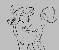 Size: 971x816 | Tagged: safe, artist:enma-darei, rarity, classical unicorn, pony, unicorn, leonine tail, monochrome, rarity month, solo, tongue out, wink