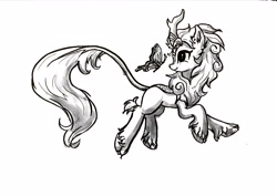 Size: 2947x2091 | Tagged: safe, artist:tinybenz, autumn blaze, butterfly, kirin, grayscale, monochrome, quadrupedal, simple background, sketch, smiling, traditional art, white background