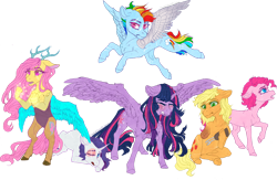 Size: 1600x1041 | Tagged: safe, artist:castaspellliana, derpibooru import, applejack, fluttershy, pinkie pie, rainbow dash, rarity, twilight sparkle, twilight sparkle (alicorn), alicorn, draconequus, earth pony, pegasus, pony, unicorn, fanfic:my little pony: the unexpected future, amputee, artificial wings, augmented, crying, draconequified, eye scar, female, flutterequus, hook, magic, mare, mechanical wing, missing eye, missing limb, prosthetic limb, prosthetic wing, prosthetics, sad, scar, species swap, stump, wings