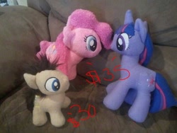 Size: 720x540 | Tagged: safe, artist:russianmaple, derpibooru import, pinkie pie, pound cake, twilight sparkle, irl, photo, plushie, prices