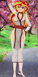 Size: 1246x2556 | Tagged: safe, artist:anonix123, sunset shimmer, human, breasts, clothes, female, humanized, kunoichi, ninja, smiling, solo, tree