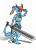 Size: 3000x4200 | Tagged: safe, artist:lizardwithhat, derpibooru import, rainbow dash, dungeons and discords, belly button, blue skin, boob window, claws, clothes, crossover, cute, dungeons and dragons, gradient eyes, horns, midriff, muscles, pen and paper rpg, ponytail, rainbow hair, rpg, runes, salute, shorts, simple background, solo, species swap, spotted, sword, tanktop, tiefling, walking, weapon