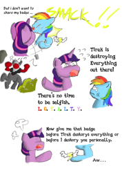 Size: 729x1032 | Tagged: safe, artist:luigi the newsupa, derpibooru import, edit, lord tirek, rainbow dash, twilight sparkle, pegasus, pony, twilight's kingdom, angry, crappy art, destruction, grammar error, parody, parody of a parody, shading, slapping, wonderbolt badge