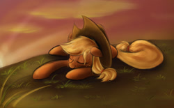 Size: 1800x1114 | Tagged: safe, artist:ardail, applejack, earth pony, pony, eyes closed, grass, hat, nap, sleeping, smiling, solo