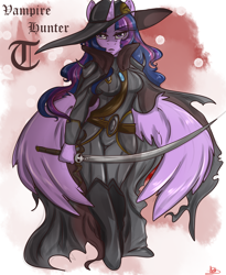 Size: 1606x1963 | Tagged: safe, artist:arnachy, derpibooru import, twilight sparkle, twilight sparkle (alicorn), alicorn, anthro, unguligrade anthro, solo, sword, vampire hunter, vampire hunter d, weapon