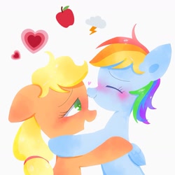 Size: 1447x1447 | Tagged: safe, artist:1drfl_world_end, derpibooru import, applejack, rainbow dash, earth pony, pegasus, pony, appledash, blushing, cute, eyes closed, female, lesbian, mare, shipping, simple background, white background