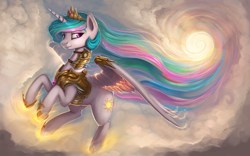 Size: 1920x1200 | Tagged: safe, artist:rain-gear, princess celestia, alicorn, pony, armor, cloud, crown, cutie mark, female, flying, horseshoes, jewelry, lidded eyes, mare, princess shoes, raised hoof, regalia, royalty, smiling, solo, sparkles, spread wings, tiara, wallpaper, warrior, warrior celestia, wings