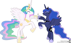 Size: 10820x6620 | Tagged: safe, artist:90sigma, princess celestia, princess luna, alicorn, pony, absurd resolution, eyes closed, happy, hoofbump, open mouth, rearing, simple background, transparent background, vector