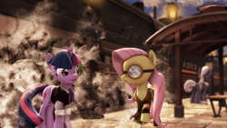 Size: 1920x1080 | Tagged: safe, artist:mentore067, derpibooru import, fluttershy, hoity toity, twilight sparkle, pegasus, pony, 3d, clothes, goggles, monocle, source filmmaker, steampunk, train