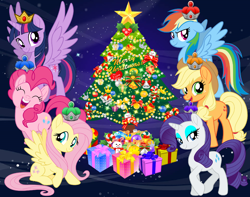 Size: 1832x1443 | Tagged: safe, artist:luckreza8, artist:user15432, derpibooru import, applejack, fluttershy, pinkie pie, rainbow dash, rarity, twilight sparkle, twilight sparkle (alicorn), alicorn, earth pony, pegasus, pony, unicorn, best gift ever, candy, candy cane, cardboard twilight, christmas, christmas gift, christmas lights, christmas ornament, christmas ponies, christmas presents, christmas star, christmas tree, crown, decoration, food, happy holidays, hasbro, hasbro studios, holiday, jewelry, lights, mane six, merry christmas, present, regalia, royal stickers, stars, stock vector, toy, tree