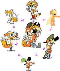 Size: 1280x1529 | Tagged: safe, artist:mushroomcookiebear, applejack, earth pony, pony, appletails, applewandertails, crossover, fusion, fusion diagram, hexafusion, miles "tails" prower, sonic the hedgehog (series), wander (wander over yonder), wander over yonder, wanderjack, wandertails