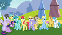 Size: 1054x592 | Tagged: safe, derpibooru import, edit, screencap, cerulean skies, cloud kicker, crescent pony, lightning bolt, mane moon, merry may, rainbow swoop, spectrum, spring melody, sprinkle medley, strawberry sunrise, sunshower raindrops, twilight sparkle, unicorn twilight, warm front, white lightning, pegasus, pony, unicorn, background pony, blue skies, female, grumpy twilight, looking up, male, mare, open mouth, spread wings, stallion, wings