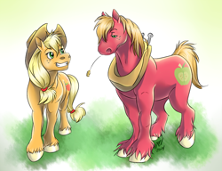 Size: 950x731 | Tagged: safe, artist:carnivorouscaribou, artist:moenkin, applejack, big macintosh, earth pony, pony, brother and sister, female, male, siblings, stallion