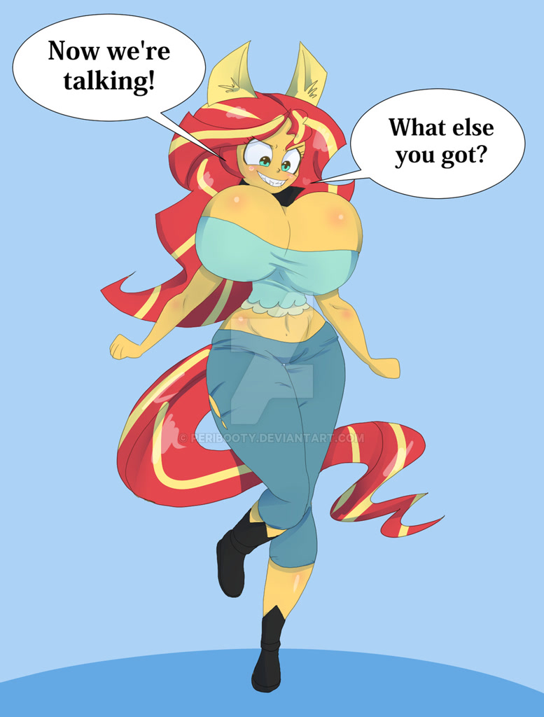 1214803 - dead source, suggestive, artist:peribooty, sunset shimmer, human,  werewolf, equestria girls, amazon, big breasts, boots, breast expansion,  breasts, cleavage, clenched teeth, clothes, curvy, eared humanization,  expansion, fangs, female, growth ...