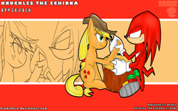 Size: 1920x1200 | Tagged: safe, artist:flam3zero, applejack, earth pony, pony, crossover, knuckles the echidna, sonic the hedgehog (series), style emulation, wallpaper, yuji uekawa style