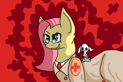 Size: 1024x686 | Tagged: safe, artist:wolfyx124, angel bunny, fluttershy, pegasus, pony, blood, crossover, fluttermedic, medic, parody, team fortress 2